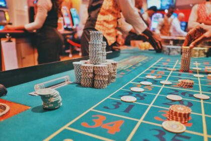 a casino table with a lot of chips on it